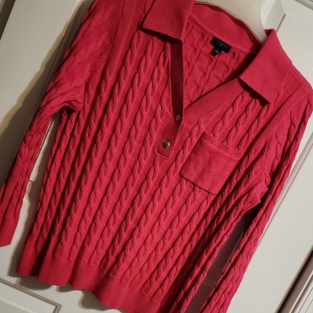 Talbots Cable-Knit V-Neck Sweater in Bright Pink